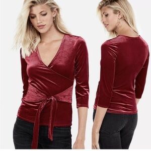 NWT Express Deep Wine Red faux Wrap tie waist ribbed long sleeve top Sz S